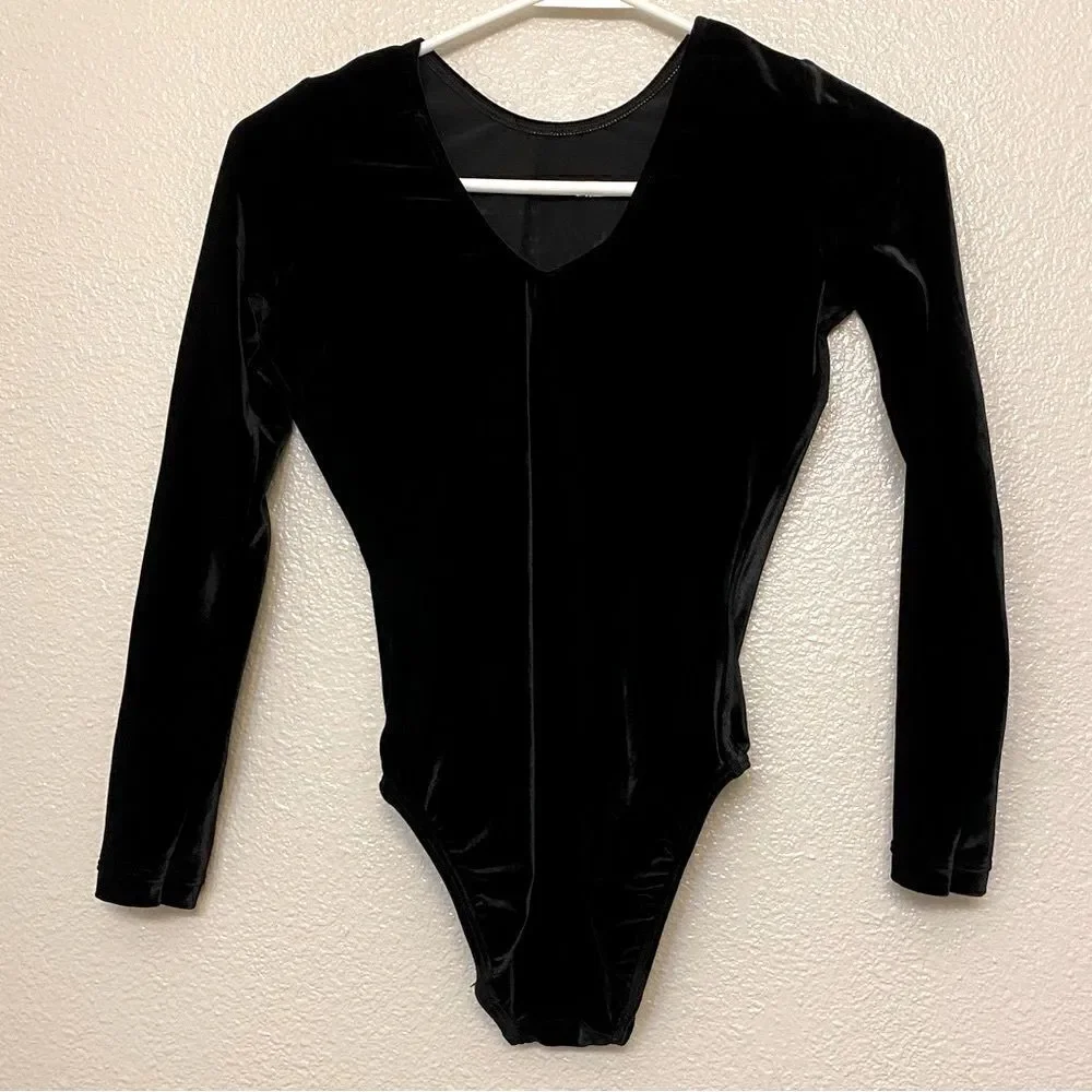 GK elite gymnastics competition leotard long sleeve black velvet rhinestone -S